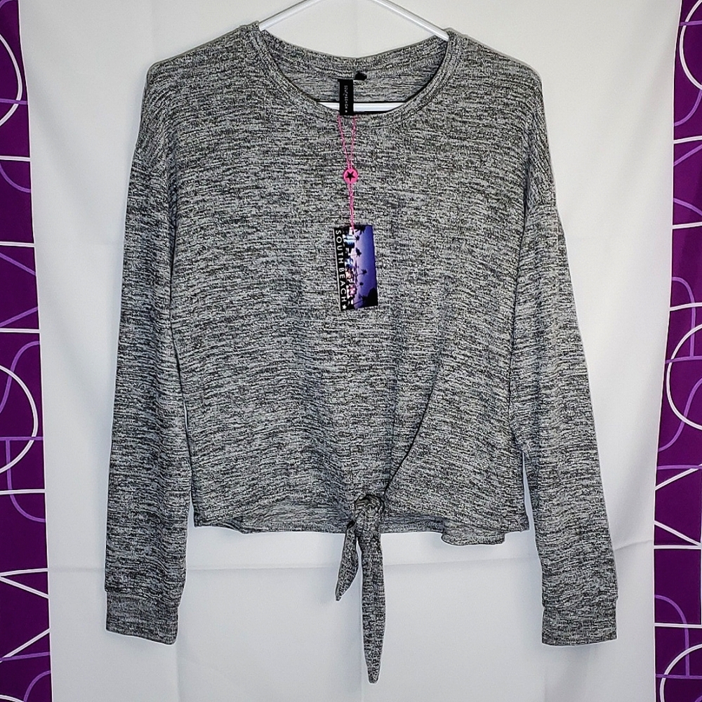South Beach Grey Heathered Front Tie, Lightweight Long Sleeve Shirt - Large (14)